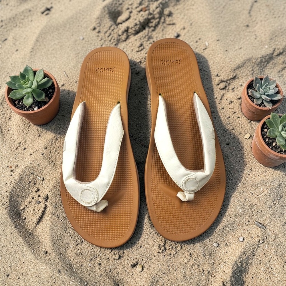 Sanuk Yoga Joy White Tan Thong Flip Flop Sandals Womens 10 1127391